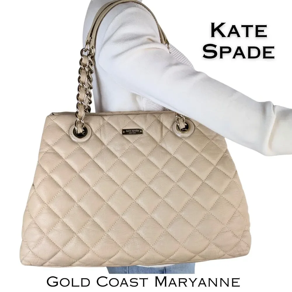 Kate Spade Gold Coast Maryanne Shoulder Bag Beige Quilted Leather Gold Chain